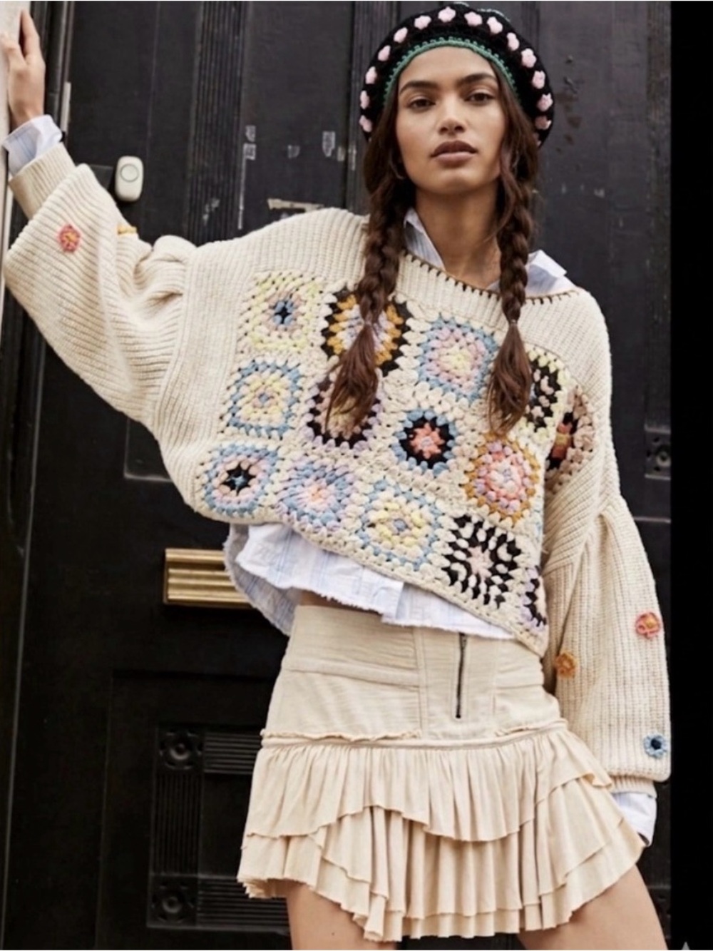 entro Beige Cropped Crochet-Panel Sweater with Pastel Accents